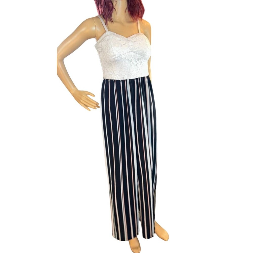 as u wish Mixed Media Wide Leg Jumpsuit in Lace &‎ Stripes